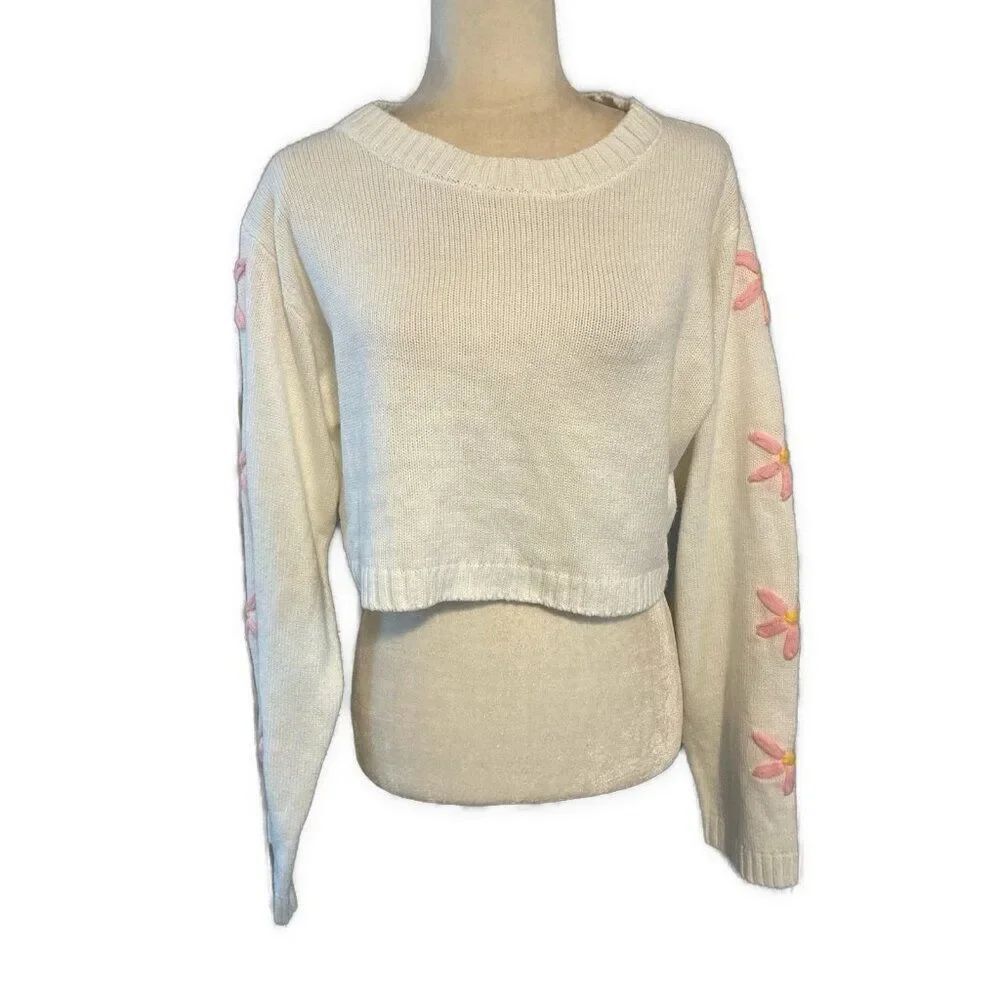 altar'd state white Pink floral Crop Long Sleeve Sweater Medium